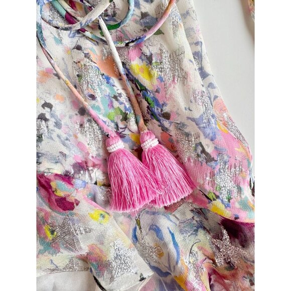 ROCOCO SAND Lelia Floral Metallic Stars Chiffon Tasseled Mini Dress, Size S - Picture 10 of 16